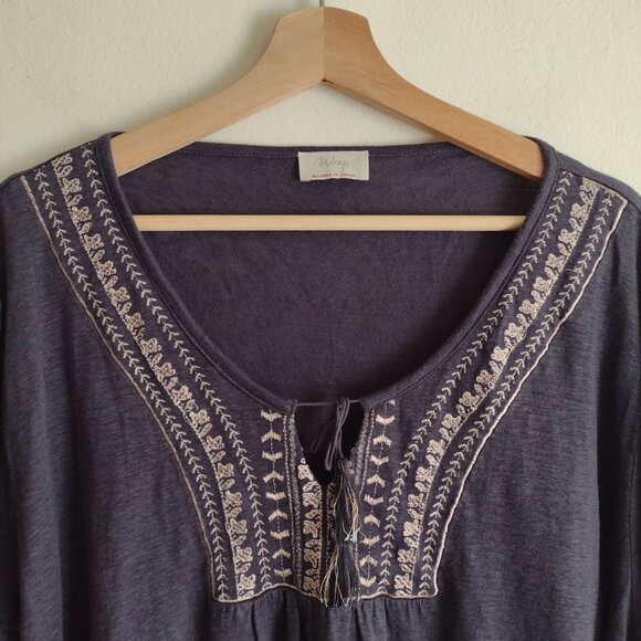 Wrap London Linen Blouse US 18 Relaxed Fit Gray Peasant Top w Embroidery - Picture 3 of 8